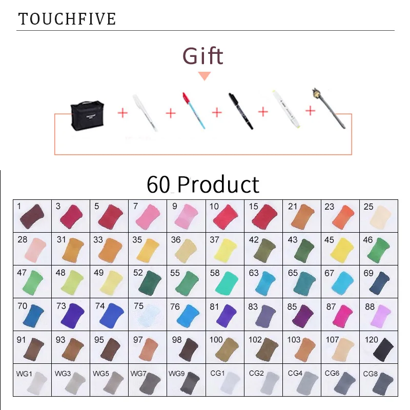 TouchFIVE 20 Вт, 30 Вт/40/60/80 Цвет маркеры манга рисунок Маркеры Ручка на спиртовой основе эскиз жирной двойной кисть товары для рукоделия - Цвет: 60 PRODUCT