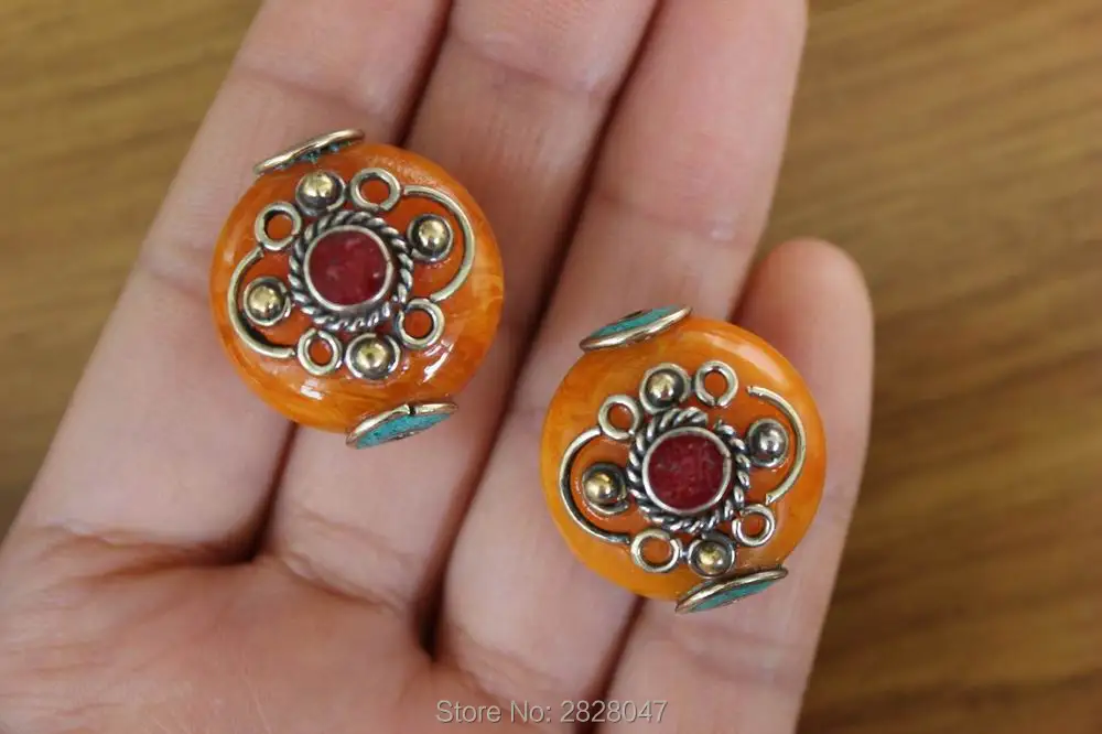 

Bd170 Nepal Handmade Flower Charm Beads Ethnic Tibetan Copper Resin 22mm Diy Round Beads For Jewelry Making 2 Pcs Lot