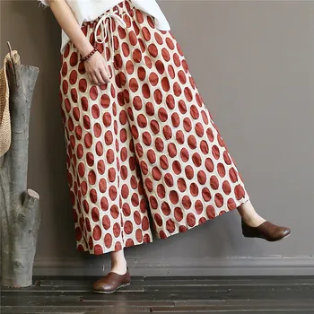 

SCUWLINEN 2020 Summer Autumn Women Pants Vintage Dots Elastic Waist Wide-leg Cotton Pants X01828