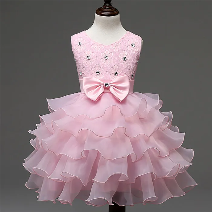 Высококачественные платья для маленьких девочек Детские бусины «бантики» кружевные платья принцессы с оборками милые вечерние Цветочное платье девушки хлопок бант - Цвет: pink