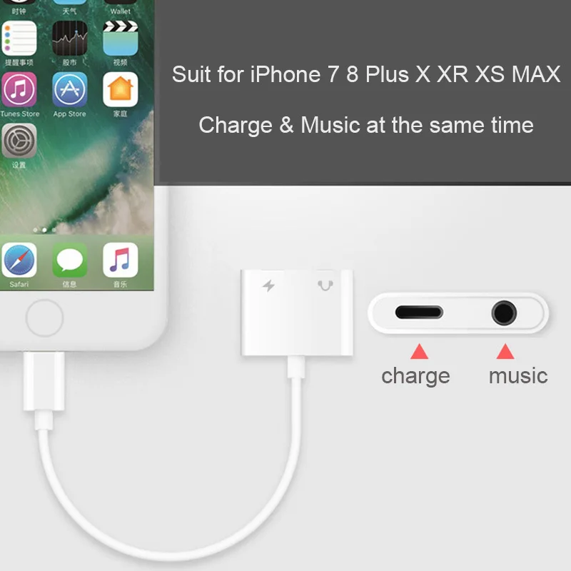 Aux Audio Charger Adapter for iPhone 7 8 Plus X XS MAX XR 2A Charging Aux Audio 2 in 1 3.5mm Jack Earphone Headphone Adapter