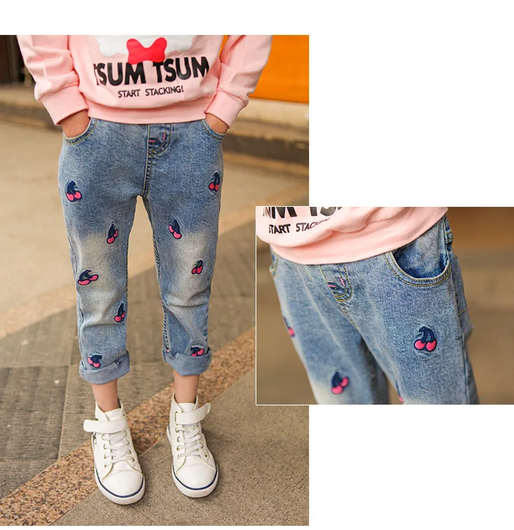 

2017 New Brand Spring Slim Jeans Girls Jeans Cherry Ricamo Casual Pants for Girl pencil Denim pants Lovely Long Trousers