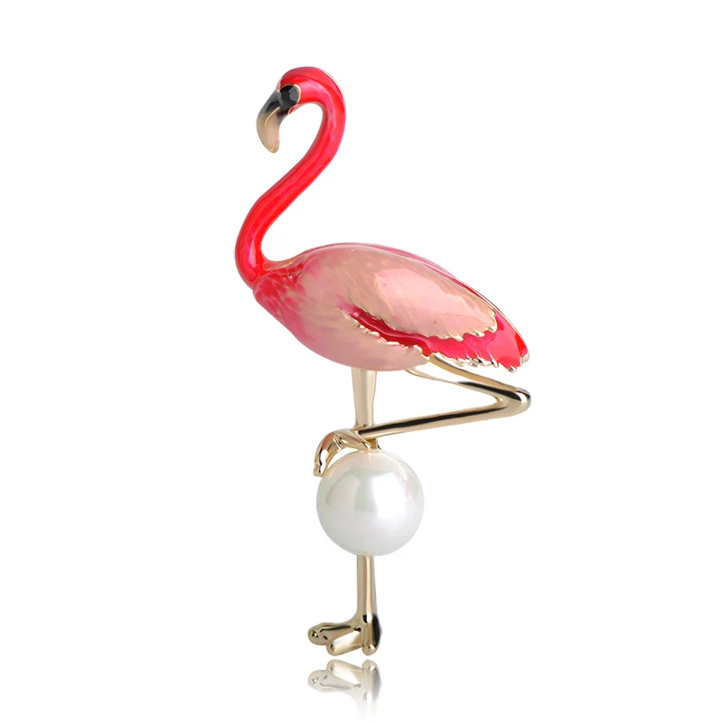 Blucome Vivid Red Enamel Flamingo Brooches For font b Women b font Gold color Simulated Pearl
