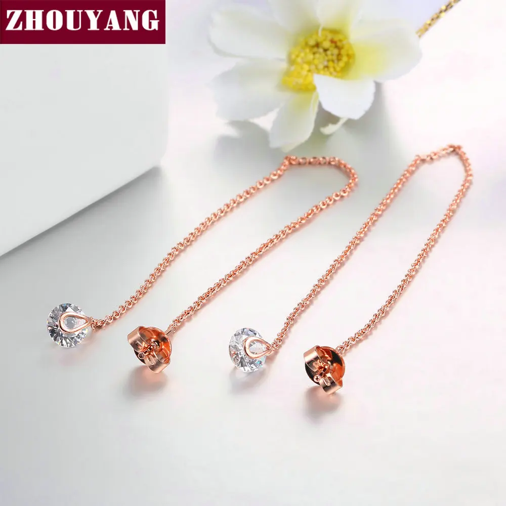 Женские серьги цепочки ZHOUYANG 6 мм фианит длина 11 см розовое золото модные