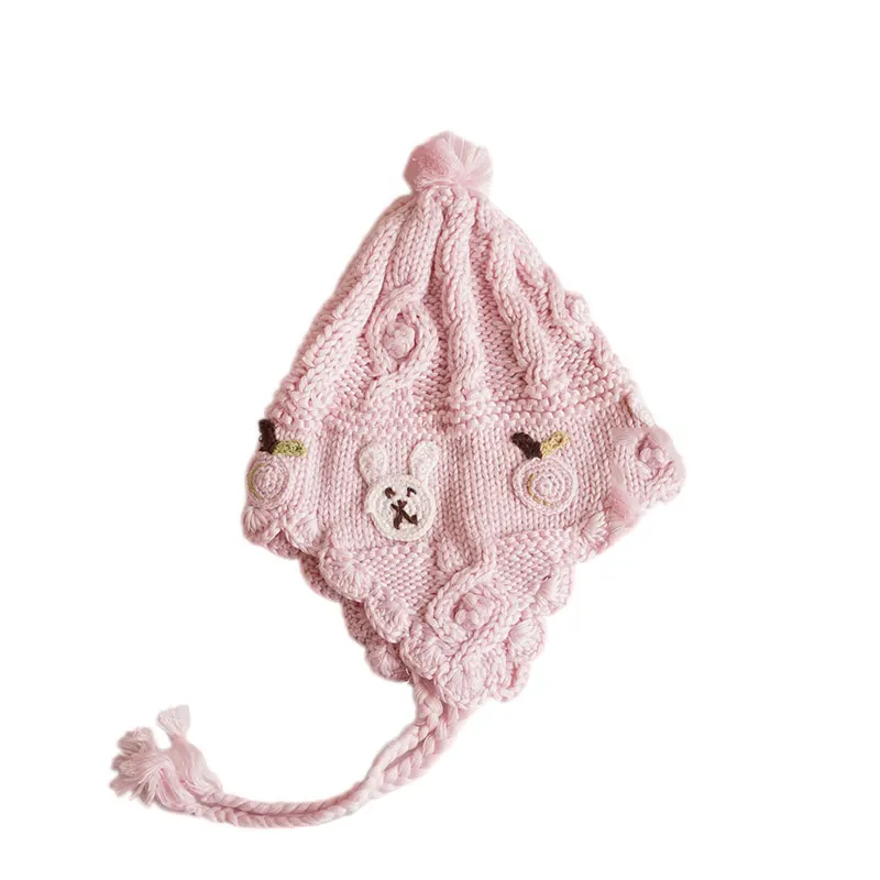Cotton Knit Baby Girl Hat Sweet Princess Pink Earflap Cap Crocheted Autumn Winter Warm Bonnet With Cute Pompom Lovely Pattern Chinstrap Stay On