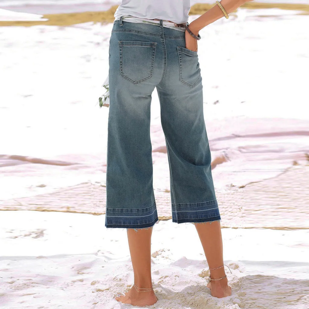 Женские джинсы с потертыми карманами; большие размеры; свободные укороченные брюки; джинсовые широкие брюки; джинсы с эластичной высокой талией; повседневные джинсы; 7,17