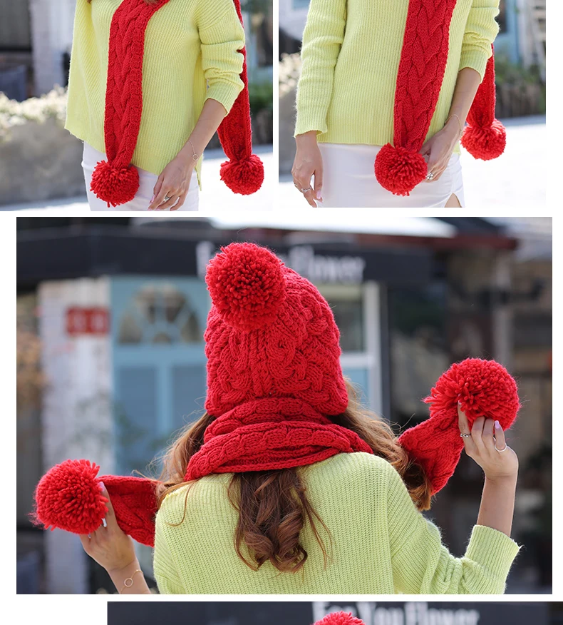 Civichic корейский стиль для девочек милый теплый комплект вязаный крючком Кепки шапка шарф 2 предмета помпоном шапочки шаль сплошной ткань