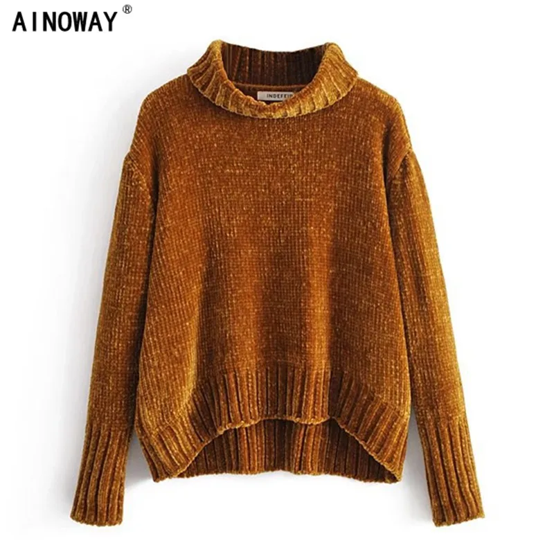 

Autumn fashion turtleneck retro do old chenille velvet lady's sweater loose irregulartops pullover sweater for women oversized