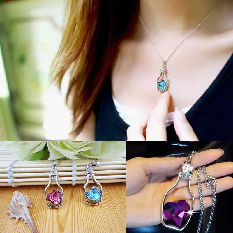 

Drift Bottles Crystal Pendant Necklaces for Women Fashion Heart Shape Creative Choker Summer Romantic Jewelry Girlfriend Gift