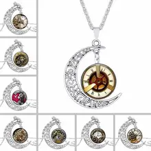 Vintage Silver Retro Moon Gears and Watch Crystal Stone Chain Necklace Pendant Steampunk Jewelry