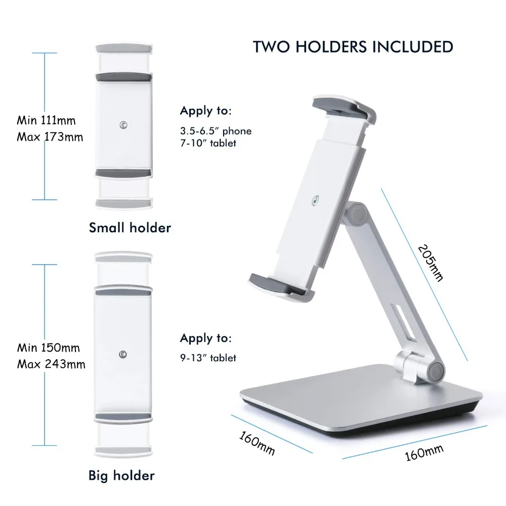 Универсальная подставка для смартфонов и планшетов, алюминиевый настольный держатель подходит для 3,5-6,5 дюймового смартфона 7-13 дюймов iPad Pro Air Mini