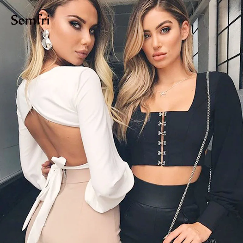 

Semfri Open Back Crop Top Woman Long Sleeve Chiffon Blouse Fashion 2019 Bandage Square Collar Sexy Bow Shirt Backless Beach Top