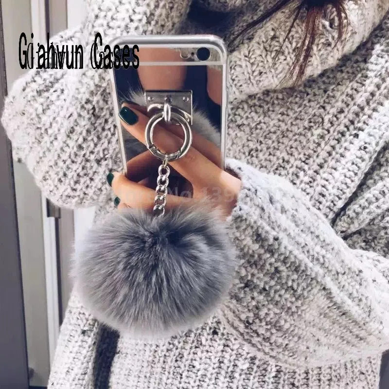 

Metal Rope Mirror TPU Tassel soft fluffy warm Fake Rabbit Fur pompom For Samsung S3 S4 S5 S6 S7 edge S8 Edge S8 Plus phone case