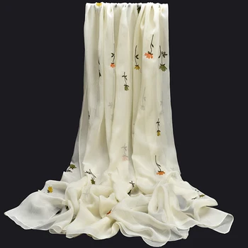 

2019 Women 100% Real Silk Scarf Shawls Wraps Flower Embroidery Neckerchief Chiffon Silk Scarves Stoles Pashmina 195*107cm