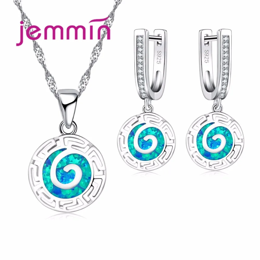 

Round Shape 925 Sterling Silver Blue Fire Opal Jewelry Set for Women Wedding Accessory Fashion Earrings and Necklace Set
