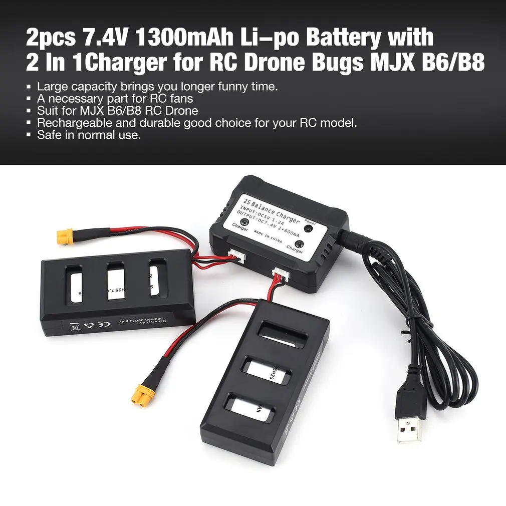 

2pcs XT-30 2S 7.4V 1300mAh Li-po Battery with 2 In 1 Charger for RC Quadcopter Drone MJX Bugs 6/8 B6/B8 Spare Part Accessories