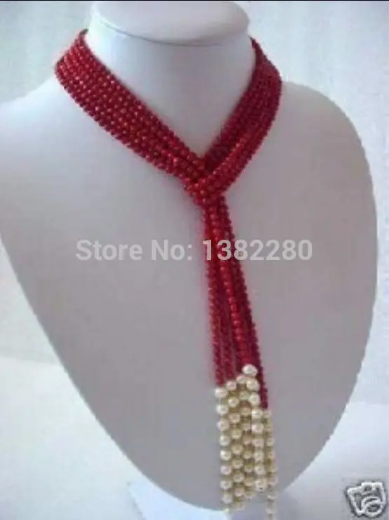 

Free shipping! 5MM Charming Red Coral & White Pearl Scarf Necklace 50