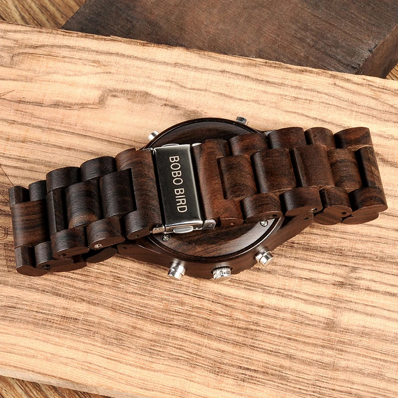 Manufacture BOBO BIRD L- P02 Classic Men Wooden Watches Quaint Luxury Alarm Clock Men Ebony Wood Band Dual Display Watch