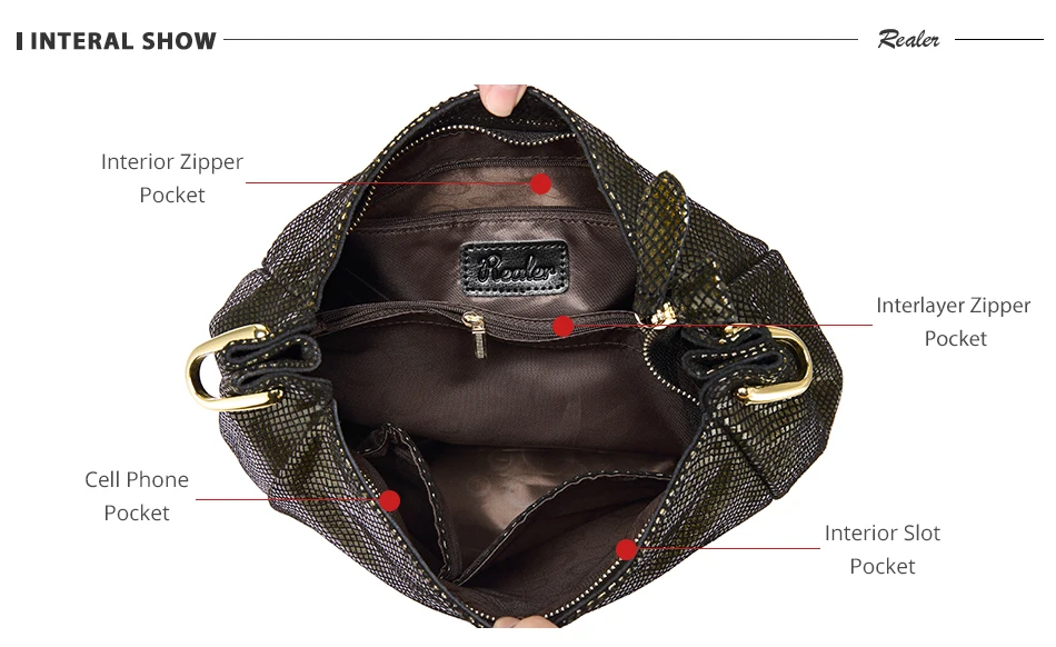 REALER Брендовая женская сумка на плечо из натуральной кожи Женская Дамская Сумочка Хобо большой емкости с змеиные принты дизайн