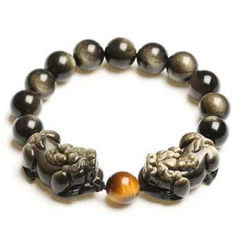 

Genuine Natural Gold Obsidian Gemstone Crystal Round Bead Stretch Powerful Woman Men Bracelet Pi Xiu Shape 10mm 12mm 14mm 16mm