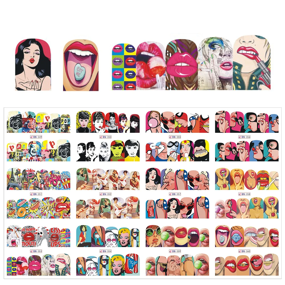 

12 sheets Sexy Nail Sets Fashion Sticker Full Cover Lips Cute Printing Water Transfer Tips Nail Art Decorations JIBN349-360
