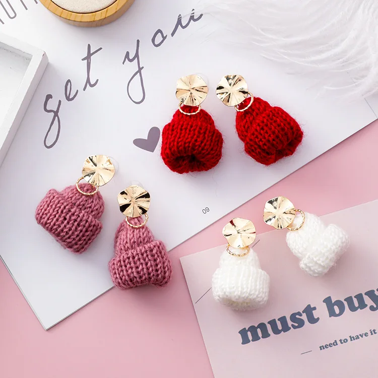 

New Fashion Personality Irregular Round Wool Hat Earrings for Women Girls Knit Hat Earrings Round Geometry Jewelry