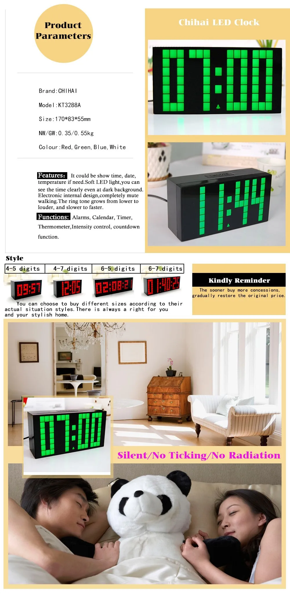 Электронный большой Многофункциональный светодиодный часы Цифровые часы с таймером, датой, термометром будильник Рождественский подарок