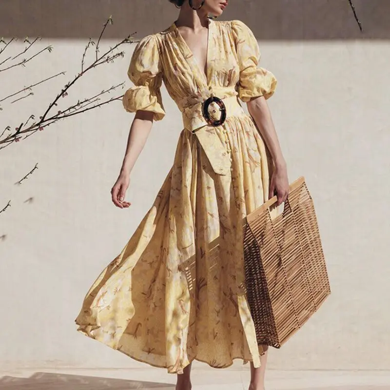 

Women Yellow Chic Vintage Floral Dress Elegant Puff Sleeve White Holiday Brand Stylish High Waist Summer Printed Midi Dresses