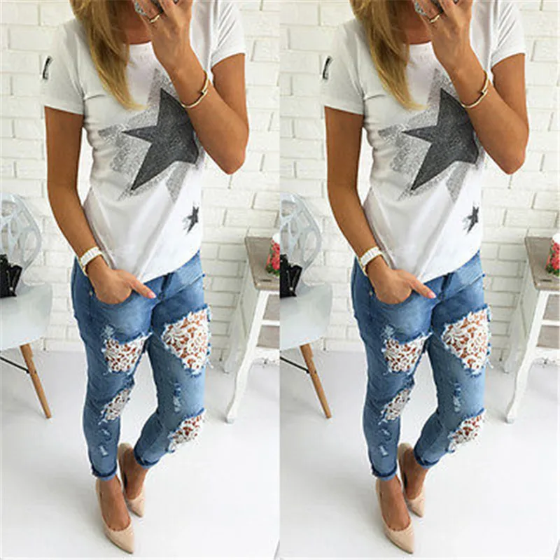 

Summer lace stitching hole jeans new 2019 casual fashion Mom Long Pants Woman Plus Size High Waist Jeans