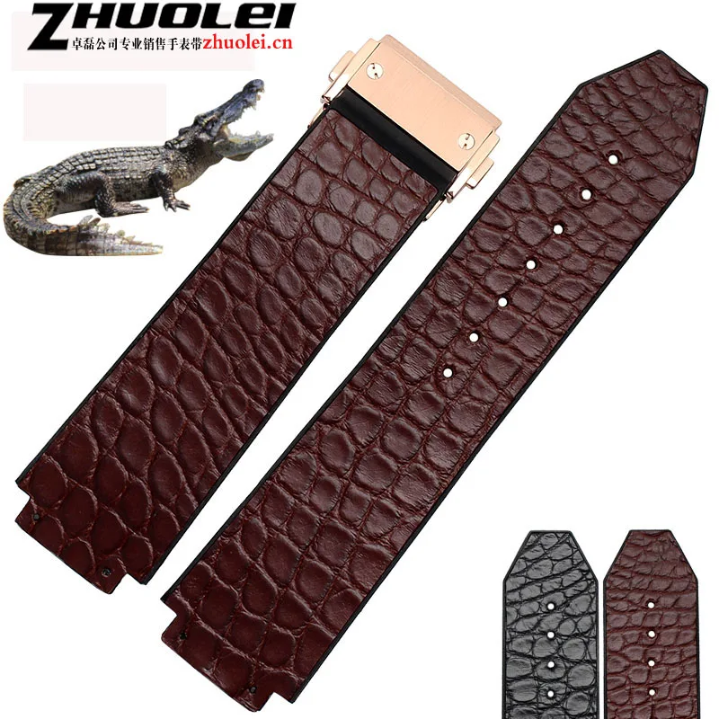 25 19mm alligator leather rubber for luxury Wrist watches band black brown watchband with deployment buckle