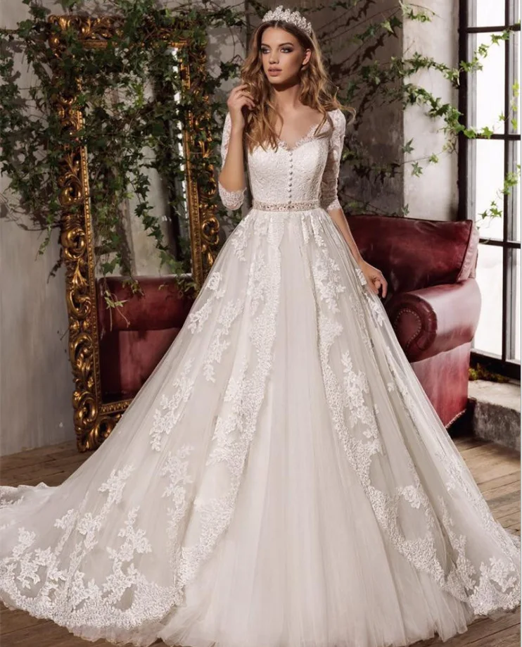 

Vivian's Bridal Illusion Back Button V-neck Wedding Dress Half Sleeve Sashes Floor-length Lace Appliques Customized Bridal Gown