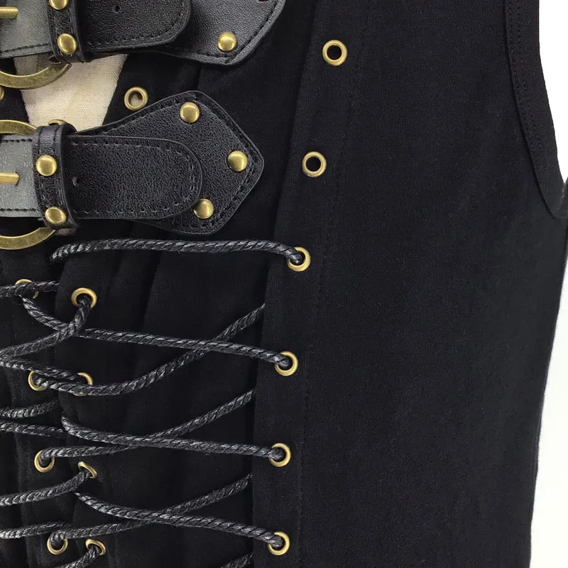 Victorian Gothic Jacket Waistcoat Halloween Party Male Black Leather Belt Buckle& Lace Up Medieval Coat Clothing Corset Vest