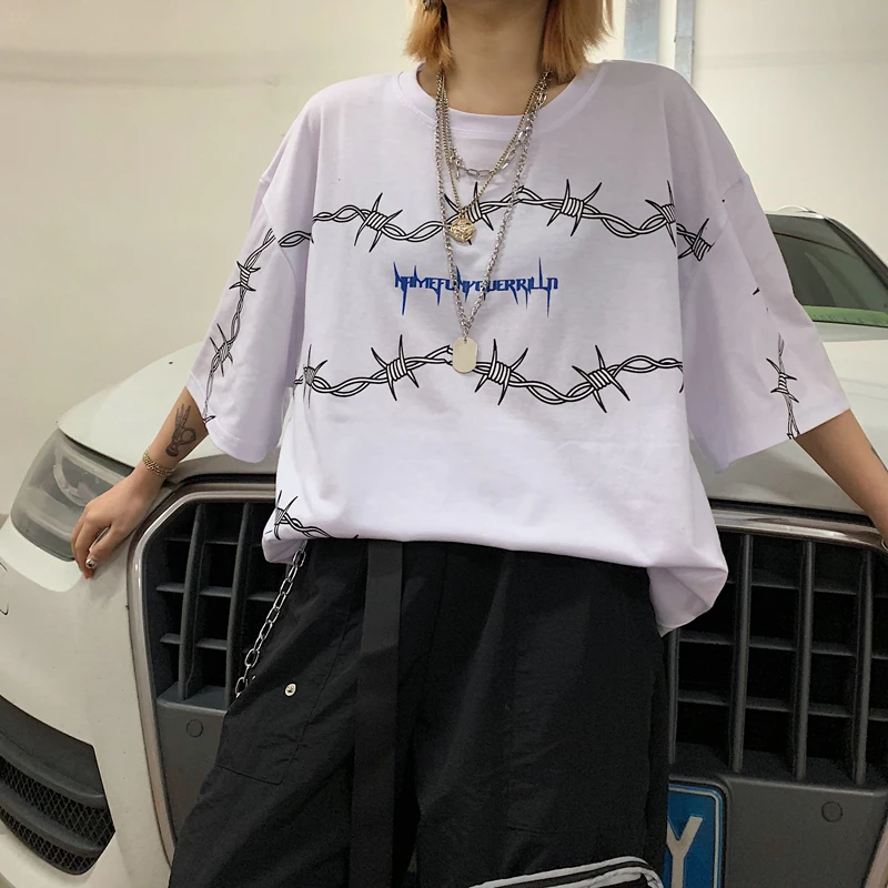 Harajuku футболка Женская Корейская Ulzzang Thorns уличная футболка Свободные унисекс футболки Grunge Tumblr Топы Графические футболки 4 цвета