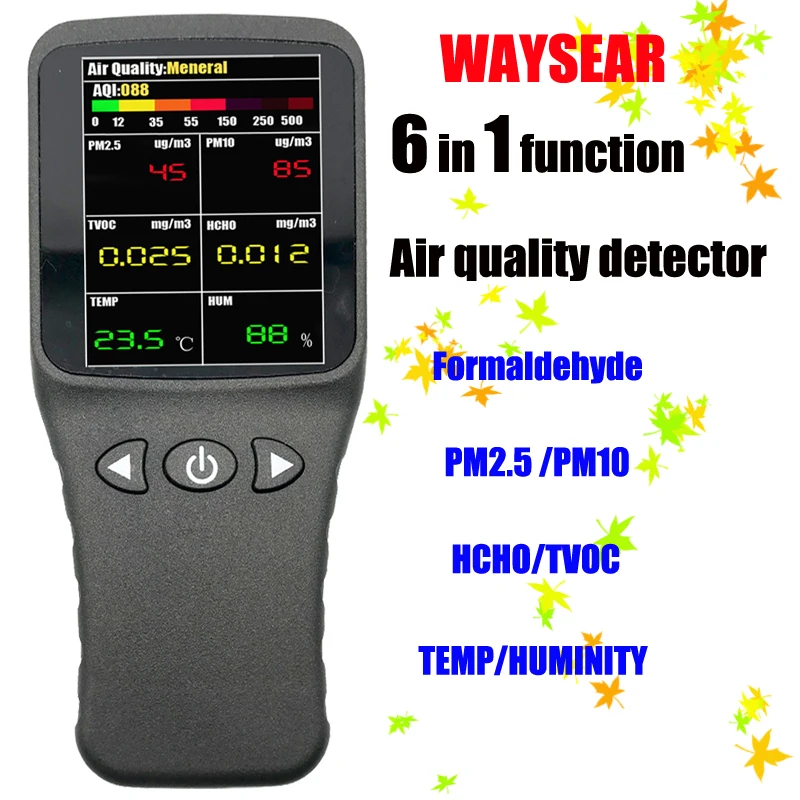 

WAYSEAR 6 in1 Air quality detector Formaldehyde detector pm2.5 tester HCHO TVOC PM10 Gas Analyzer tool with Rechargeable battery