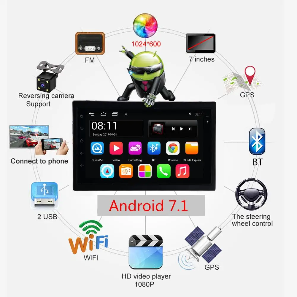 

DC12V 2 DIN 7''1080P Touch Screen QUAD-core Android 7.1 GPS Navigation Bluetooth FM WiFi Auto Radio MP5 Player Rear View Camera