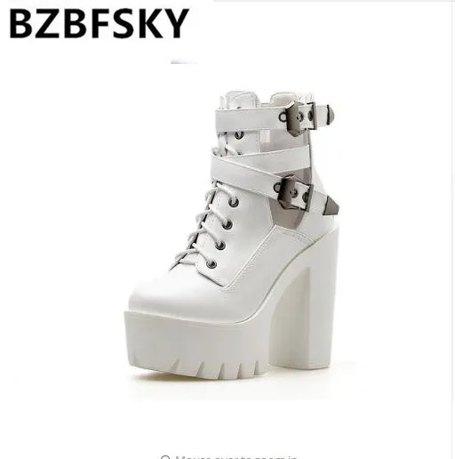

BZBFSKY 2019 New Super High Heels Martin Boots Real Shot Spot Thick With Belt Buckle Ankle Boots Platform women