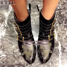 Новинка года; Модные Винтажные женские ботинки с острым носком и заклепками в европейском стиле; кожаные женские ботильоны с заклепками; короткие ботинки с пряжкой