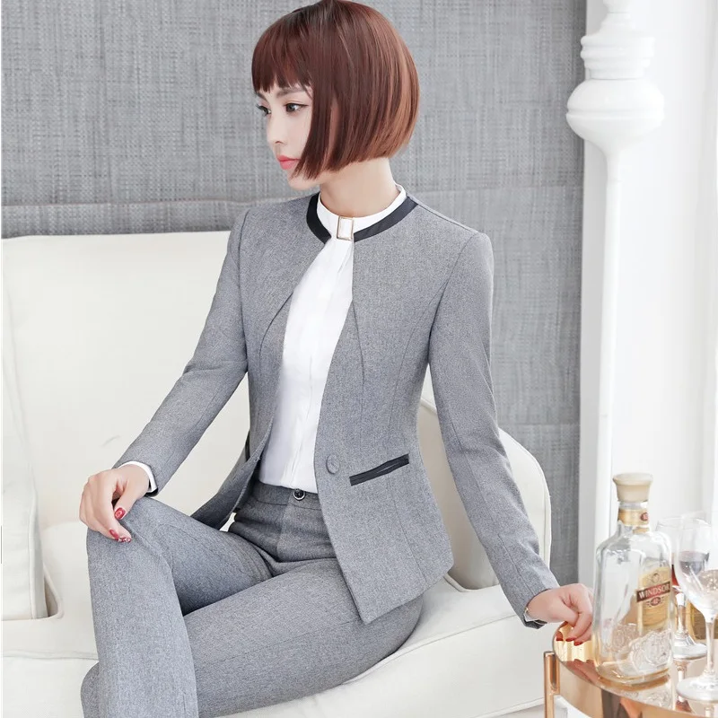Elegant Grey Fall Winter Pantsuits With 2 Piece Pants and Jackets Sets
