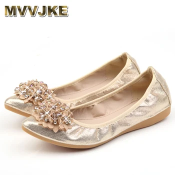 

MVVJKE New Spring Women Folding Flats 2017 Handmade Flower Rhinestone Pointed Toe Solid Soft Ballet Flats Shoes E099