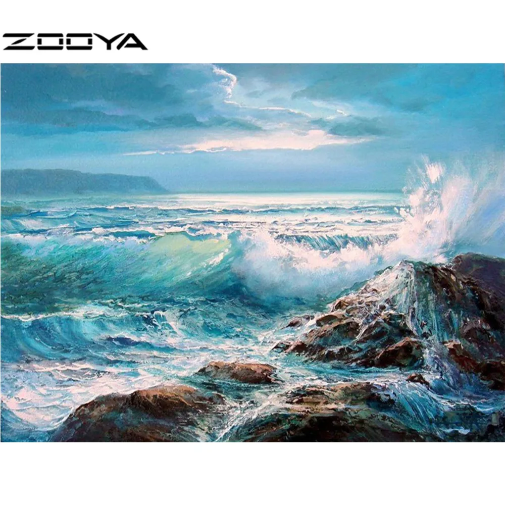 

ZOOYA 3D DIY Full Diamond Embroidery Painting Cross Stitch Painting By Numbers Landscape Beach View Blue Sea Water Stone RF914