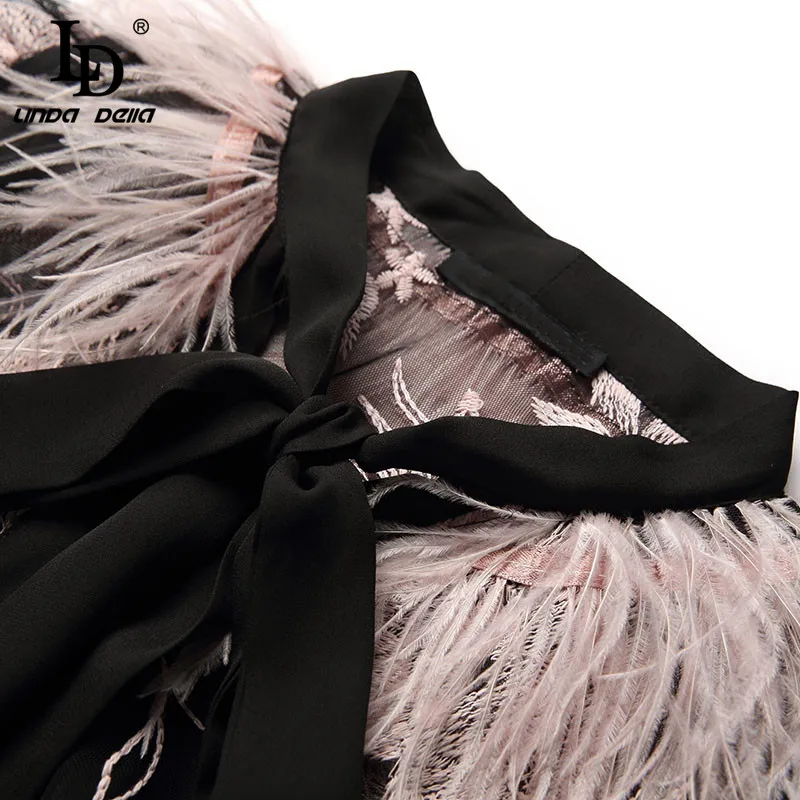 LD LINDA делла весеннее модное подиумное черное платье женское с длинным рукавом с вышитыми перьями и цветами Лоскутное Платье до середины икры