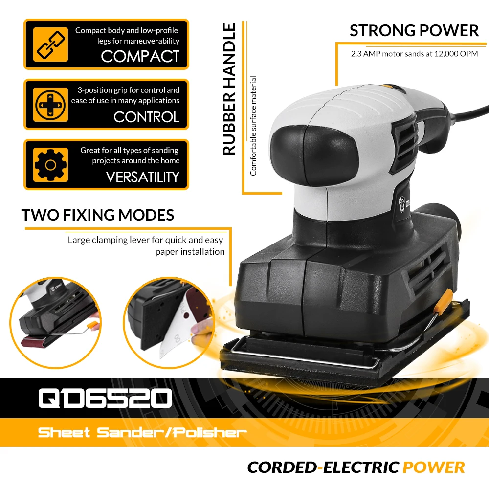 DEKO DKFS16Q1 230V Sheet Sander with 15pcs Sandpaper and Dust Exhaust 160W Electric Sander Home DIY Power Tool for Woodworking