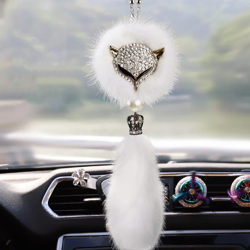 

Car Pendant Diamond Swan Fox Head Fur Ball Rearview Mirror Decoration Automobiles Hanging Suspension Ornaments Accessories Gifts