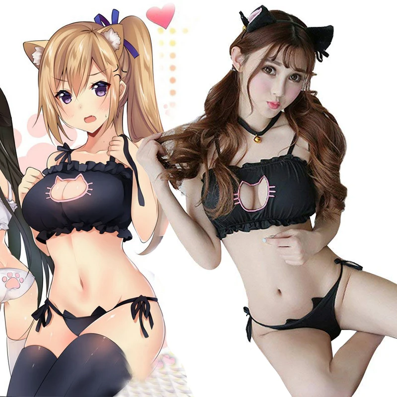 

2019 Adult Baby Girl Cosplay Sexy Costume Cat Keyhole Bra Briefs Bell Choker Collar Set Lingerie Underwear Women Ddlg Daddy Dom
