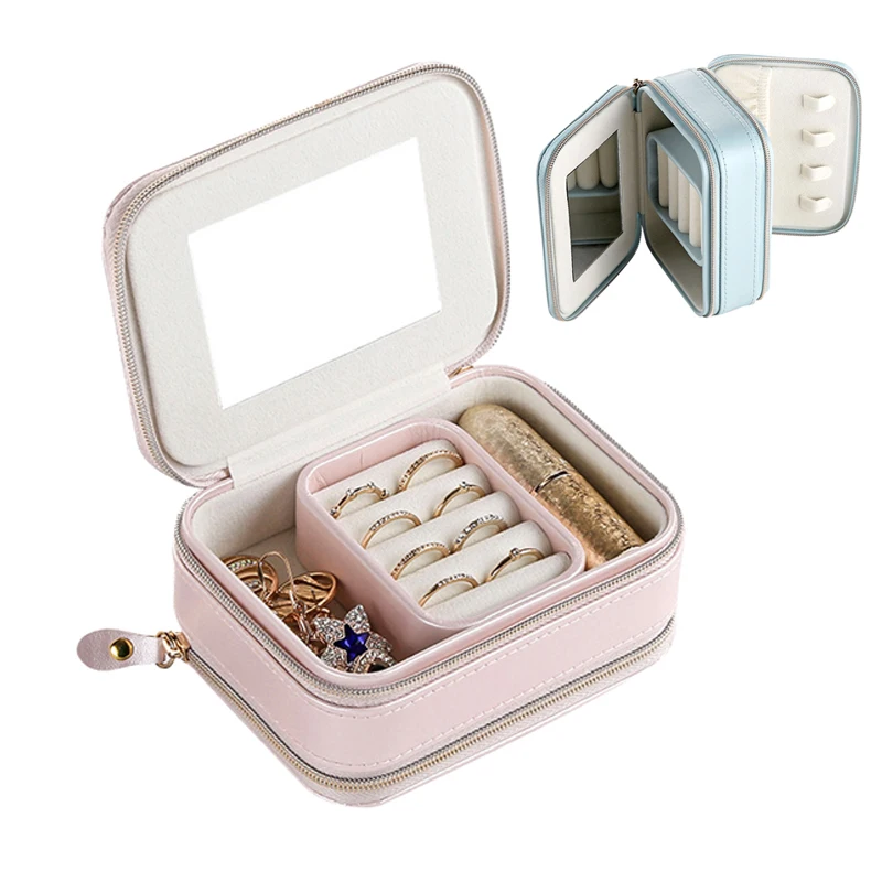 

Doub-layer Jewelry Storage Box Lipsticks Makeup Organizer Portable Leather Earrings Ring Container Case