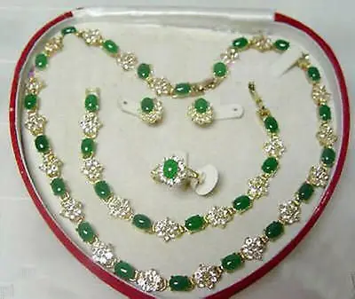 

Popular jewelry Green Jade Necklace Bracelet Ring Earring SetAAA 18K GP Plated gold Bridal wide watch wings queen JEWE URE757