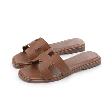 

Summer women slippers ladies luxury designer sandals real leather shoes flat shoes fashion slippers women