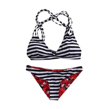 Дизайн распродажа женский сексуальный женский двухсторонний комплект бикини в полоску купальник пляжная одежда купальный костюм 0