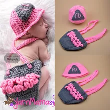Crochet Pink Firefighter Baby Girl Hat Suspender Set Newborn Girls Fireman Photography Props Infant Halloween Costume MZS-16003