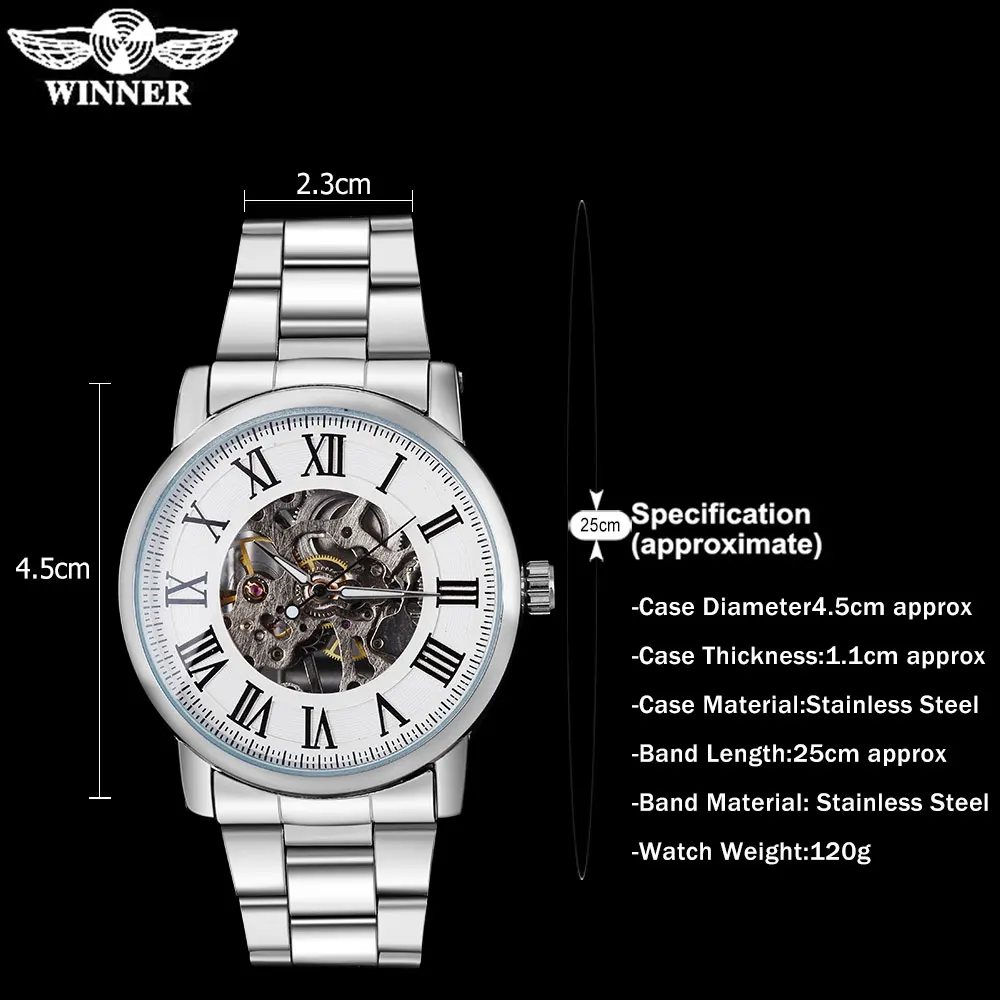 Роскошные Брендовые мужские модные механические часы WINNER, браслет со стальным ремешком,, мужские часы со скелетом, серебристый чехол, relogio masculino